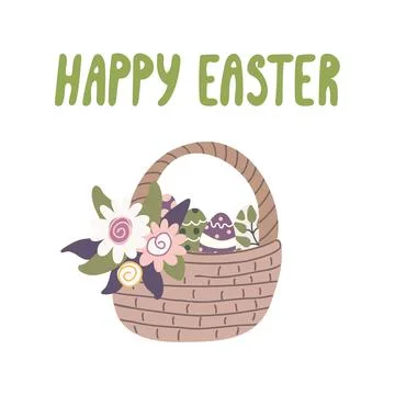 Vector Easter greeting card with a wicker basket decorated with flowers Stock Illustration