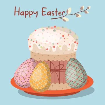 Vector Easter illustration with cupcake and painted eggs on red plate Happy.. Stock Illustration