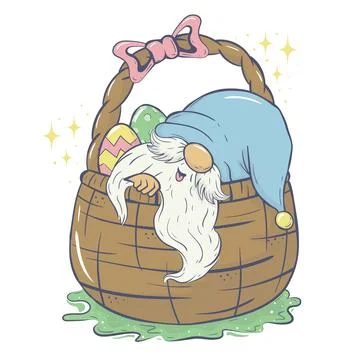Vector Easter illustration with a happy gnome hiding in a huge basket of Ea.. イラスト素材