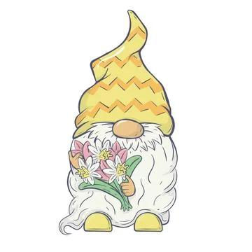 Vector Easter illustration with a happy gnome with a bouquet of spring flow.. イラスト素材