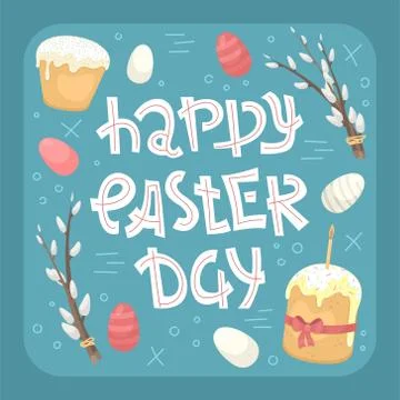 Vector easter lettering with Easter eggs and kulich with doodles - Happy East Illustrazione stock