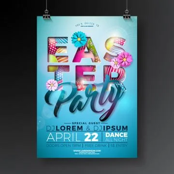 Vector Easter Party Flyer Design with painted eggs, spring flower and typography Stock Illustration