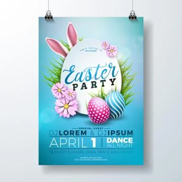 Vector Easter Party Flyer Illustration with painted eggs, rabbit ears and Stock Illustration