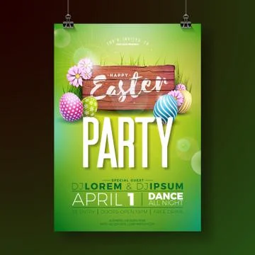 Vector easter party flyer Illustration with painted eggs and typography elements Illustrazione stock