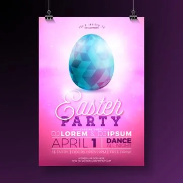 Vector Easter Party Flyer Illustration with painted eggs, rabbit ears and Illustrazione stock