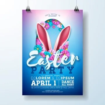 Vector Easter Party Flyer Illustration with rabbit ears, flowers and typography 스톡 일러스트