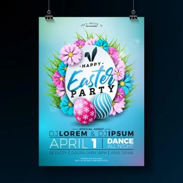 Vector Easter Party Flyer Illustration with painted eggs, flowers and typography イラスト素材