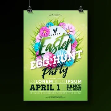 Vector Easter Party Flyer Illustration with painted eggs, flowers and typography Illustrazione stock