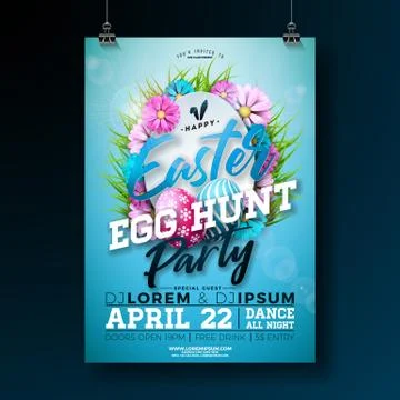 Vector Easter Party Flyer Illustration with painted eggs, flower and rabbit ears Illustrazione stock