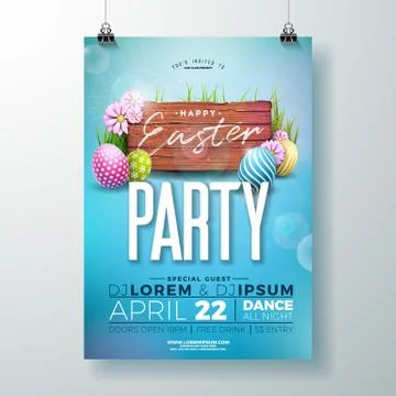 Vector Easter Party Flyer Illustration with painted eggs and flower on vintage Stock Illustration