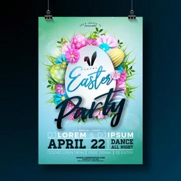 Vector Easter Party Flyer Illustration with painted eggs, spring flower and Stock Illustration