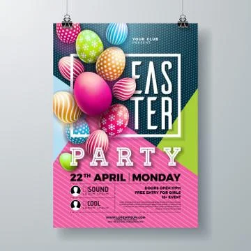 Vector Easter Party Flyer Illustration with painted eggs, spring flower and Stock Illustration