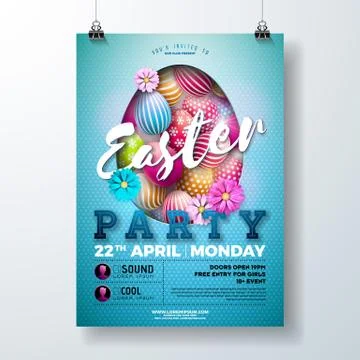 Vector Easter Party Flyer Illustration with painted eggs, spring flower and Illustrazione stock