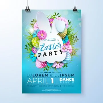Vector Easter Party Flyer Illustration with painted eggs, rabbit ears silhouette Stock Illustration