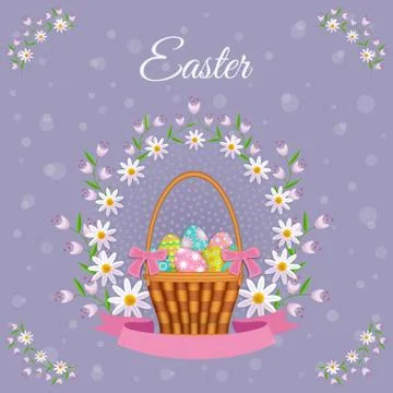 Vector easter poster with eggs basket, flowers イラスト素材