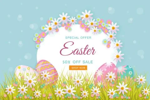 Vector easter poster with eggs, flowers, grass イラスト素材
