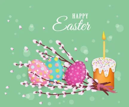 Vector easter poster with eggs, pussy-willow, cake 스톡 일러스트