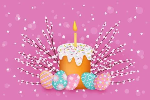 Vector easter poster with eggs, pussy-willow, cake イラスト素材