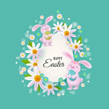 Vector easter poster with rabbit with eggs flowers Stock Illustration