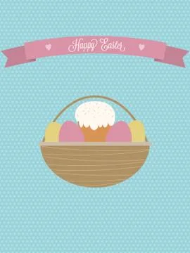 Vector Easter poster.Easter basket with eggs and Easter cake Stock Illustration