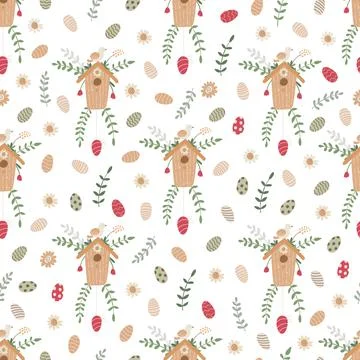 Vector Easter seamless pattern with birdhouses and eggs on white. Stock Illustration