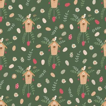 Vector Easter seamless pattern with eggs and birdhouses on green. Stock Illustration