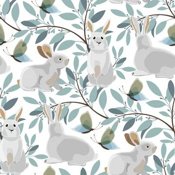 Vector Easter seamless pattern. Illustration with bunnies, twigs and butterflies Stock Illustration