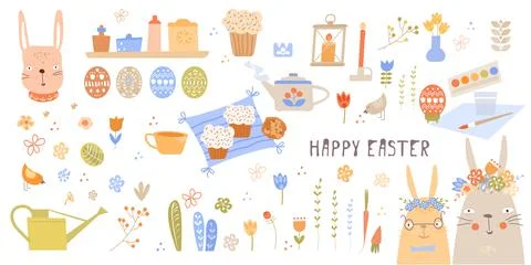 Vector Easter set with cute bunnies, chickens and eggs in cartoon style. Easter Stock Illustration
