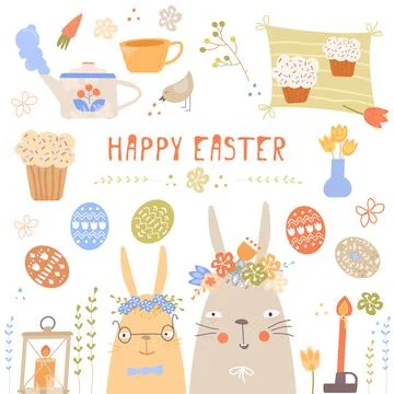 Vector Easter set with cute bunnies, chickens and eggs in cartoon style Illustrazione stock