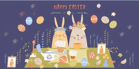 Vector Easter set with cute bunnies, chickens and eggs in cartoon style Stock Illustration