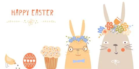 Vector Easter set with cute bunnies, chickens and eggs in cartoon style Stock Illustration