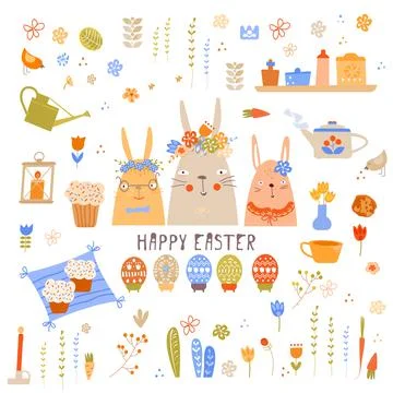 Vector Easter set with cute bunnies, chickens and eggs in cartoon style. Easter Stock Illustration