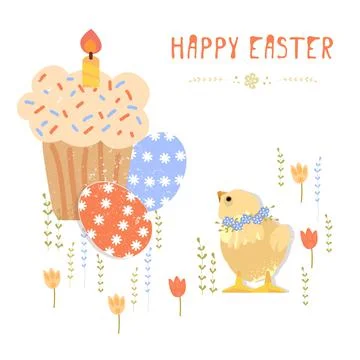 Vector Easter set with cute chickens and eggs in cartoon style. Easter eggs Stock Illustration