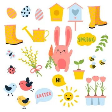 Vector Easter spring set. Bunny, eggs, sun, tulip Stock Illustration