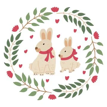Vector Easter wreath with cute rabbits. Stock Illustration