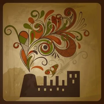 Vector eco  concept composition with a factory and  floral exhaust smoke comi Illustrazione stock