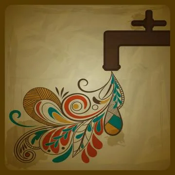 Vector eco concept with a water tap and floral pattern flowing from it and sy Stock Illustration