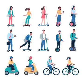 Vector Eco friendly alternative vehicles set. People, men and women ride modern Stock Illustration