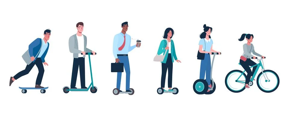 Vector Eco friendly alternative vehicles set. People, men and women ride modern Stock Illustration