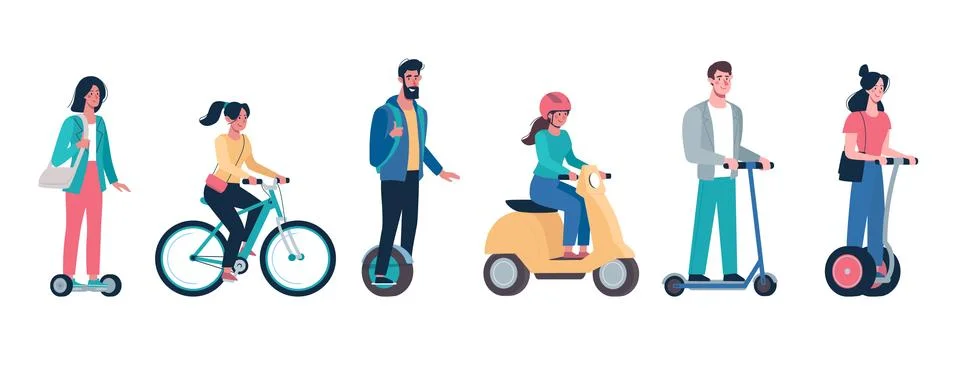Vector Eco friendly alternative vehicles set. People, men and women ride modern Stock Illustration