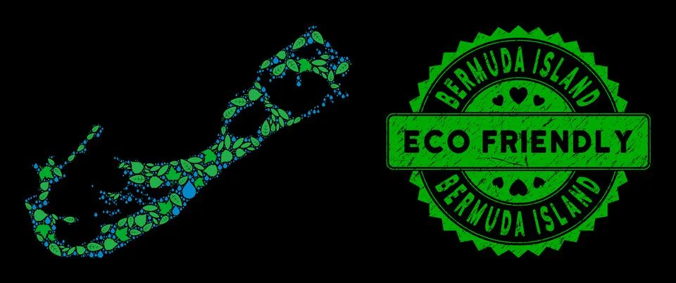 Vector Eco Green Collage Bermuda Island Map and ECO FRIENDLY Scratched Stamp Stock Illustration