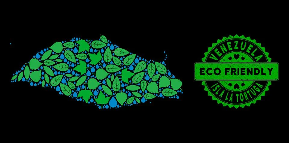 Vector Eco Green Collage Isla La Tortuga Map and ECO FRIENDLY Scratched Stamp Ilustración de archivo