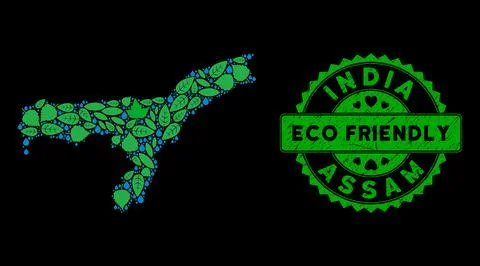 Vector Eco Green Composition Assam State Map and ECO FRIENDLY Dirty Seal Stock Illustration