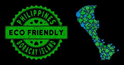 Vector Eco Green Composition Boracay Island Map and ECO FRIENDLY Grunge Seal Stock Illustration