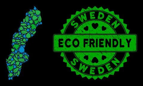 Vector Eco Green Composition Sweden Map and ECO FRIENDLY Grungy Stamp Seal Stock Illustration