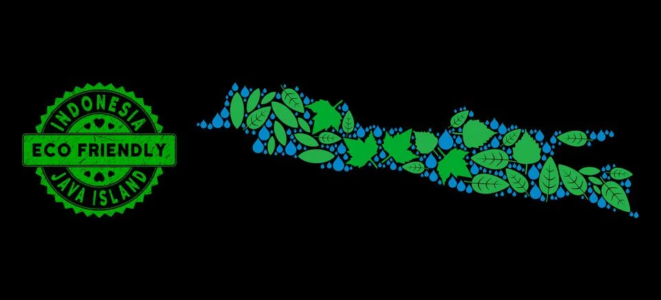 Vector Eco Green Mosaic Java Island Map and ECO FRIENDLY Dirty Seal Ilustração Stock