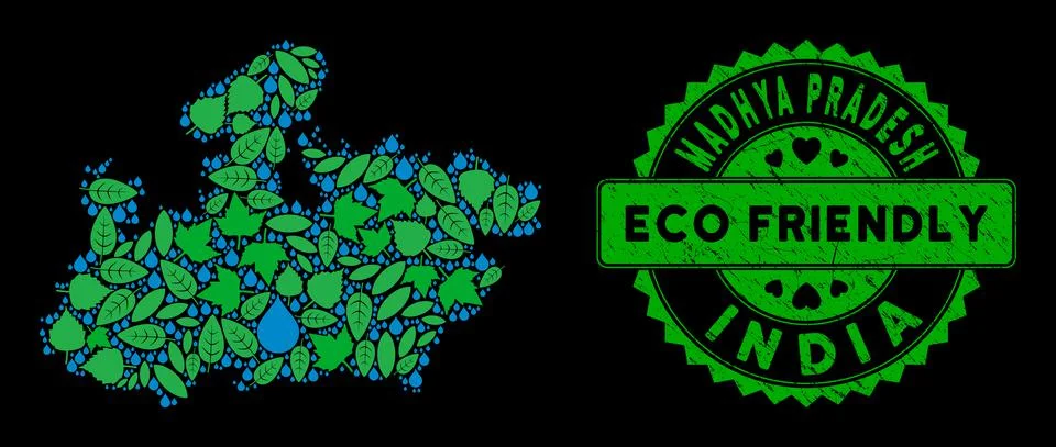 Vector Eco Green Mosaic Madhya Pradesh State Map and ECO FRIENDLY Grunge Seal Stock Illustration