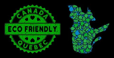 Vector Eco Green Mosaic Quebec Province Map and ECO FRIENDLY Scratched Stamp Stock Illustration