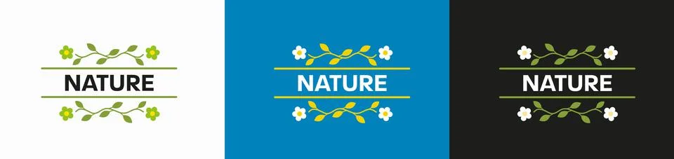 Vector eco logo with text in the center, yellow, green twigs, flowers. Stock Illustration