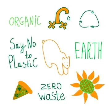 Vector ecological set in green and orange colors.Collection of illustrations Stock Illustration